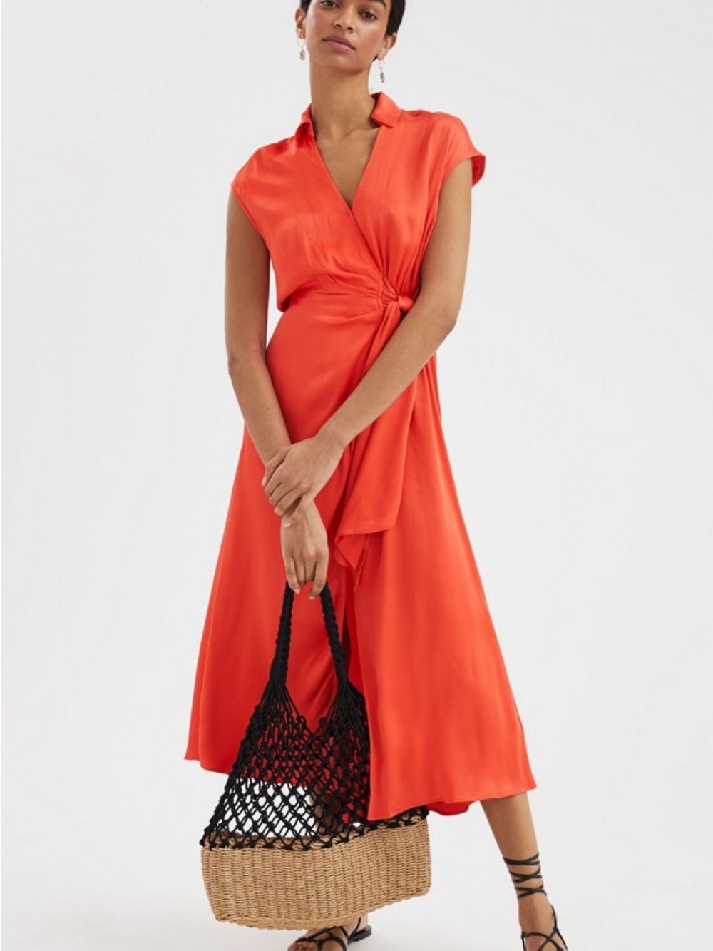 Anthropologie Bright Coral Wrap-Front Midi Dress